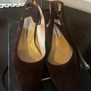 Manolo Blahnik Dark Brown Suede Slingback Heels